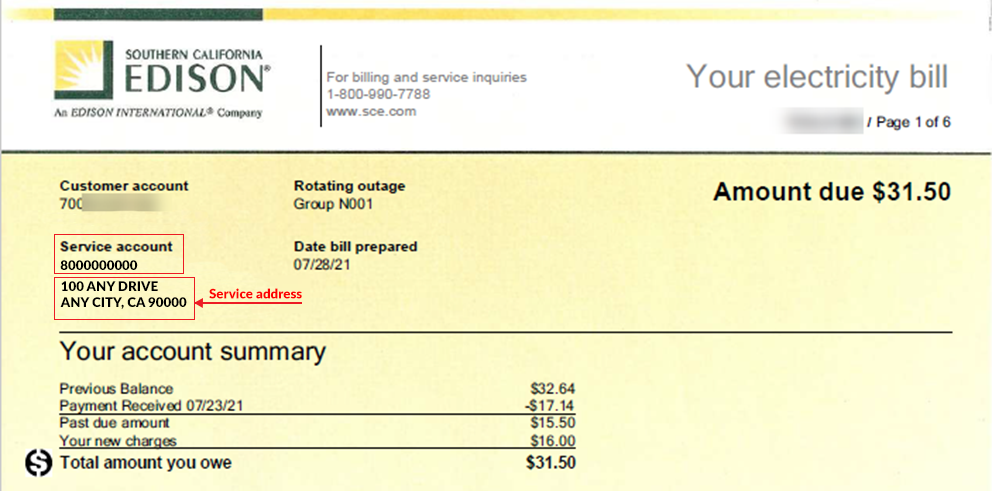 An image that shows your billing account information can be found on the upper left side of your SCE bill.